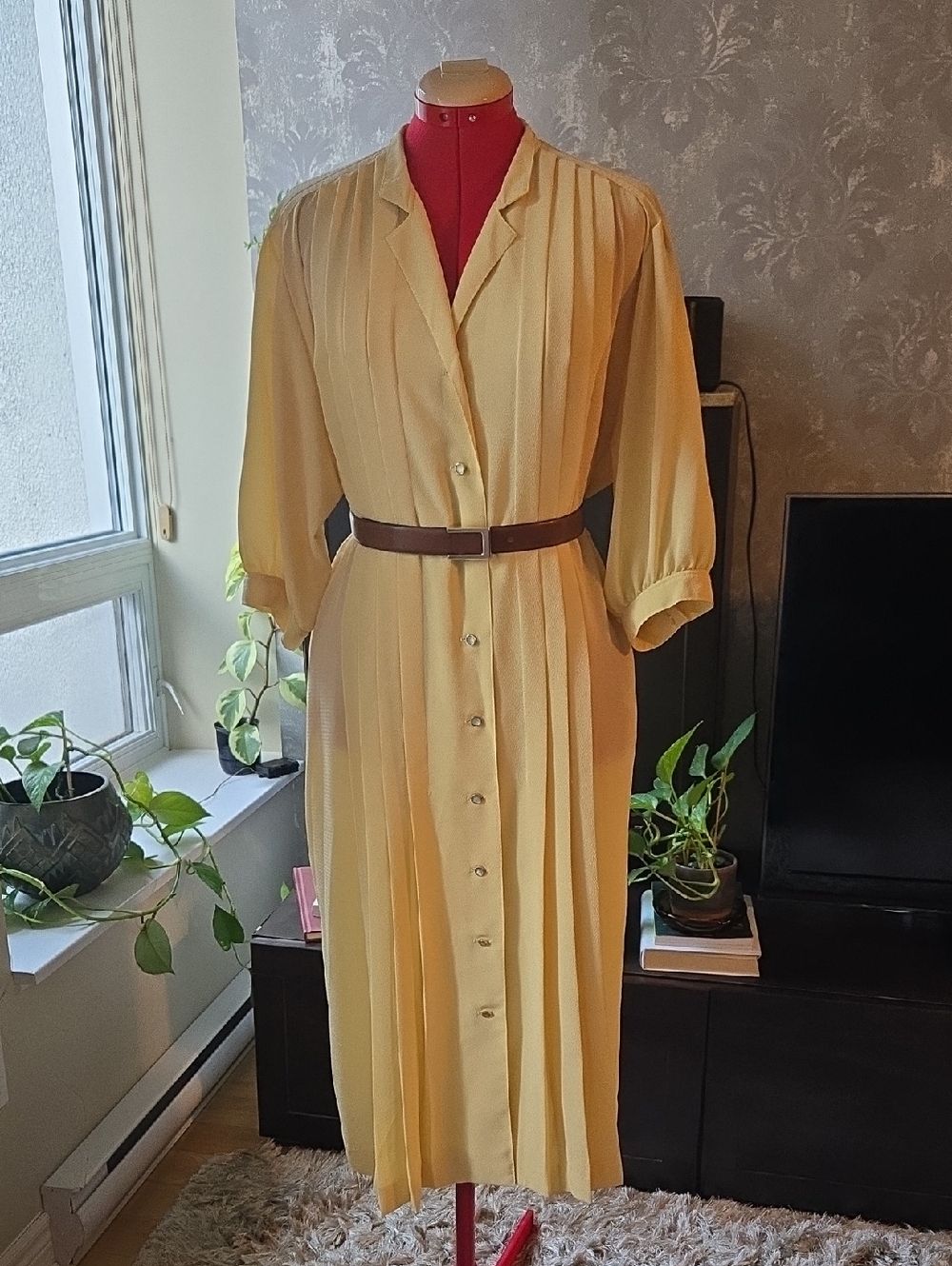 Vintage Butter Yellow Pleated Shirt Dress